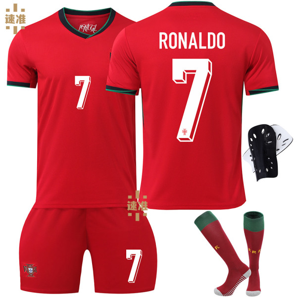 2024 Europamesterskab Portugal fodboldtrøje sæt nr. 7 Ronaldo trøje nr. 8 B Fee trøje børns korrekte version sæt No size socks + protective gear XL