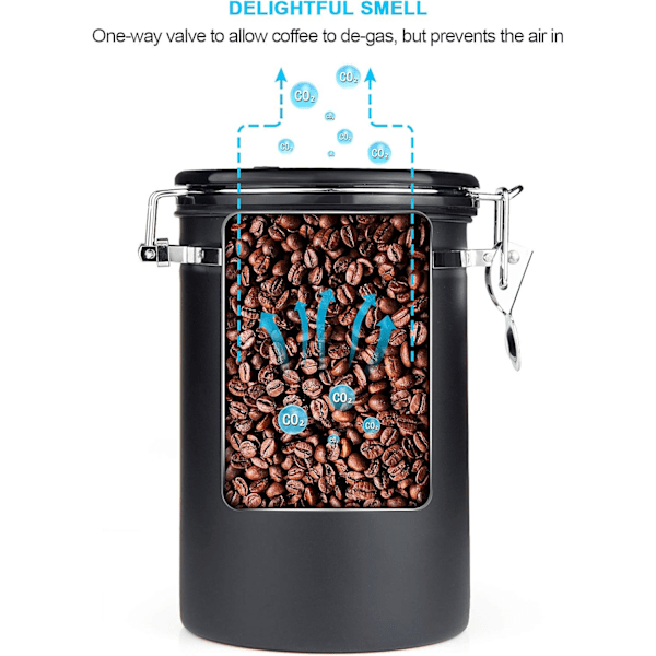Lufttæt kaffedåse - Kaffebønnebeholder med CO2-ventil - med måleske - 1,8 L (sort) (FQ)