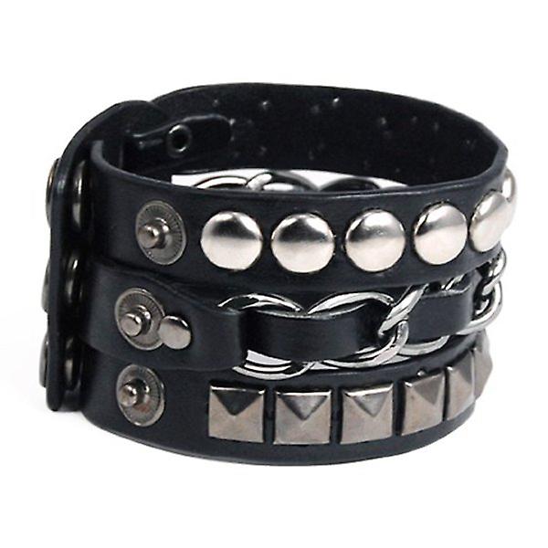 Punk Rock Multi Layers Pyramid Stud Chain Läderarmband