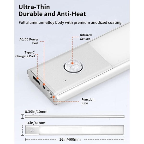 2-in-1 LED-keittiövalaistus kaappien alle, USB-ladattava ja 5V DC -virralla, 40 cm itseliimautuva liikeanturivalonauha, langaton LED-nauha