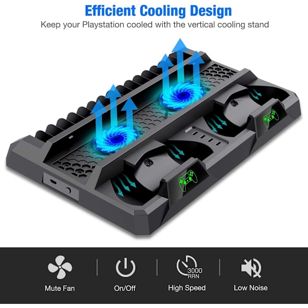 PS4 lodret stativ, alt-i-én PS4 lodret stativ holder ventilator til Playstation 4 Pro/Slim, PS4 controller opladningsstation