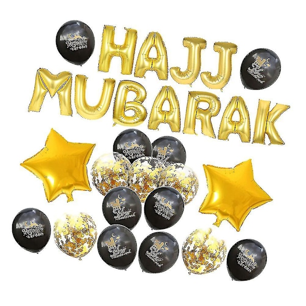 Hajj Mubarak Bogstaver Latex Balloner Dekorative Festlig Baggrund Layout Balloner Sæt til Eid Al-Fitr (Sort og Guld)