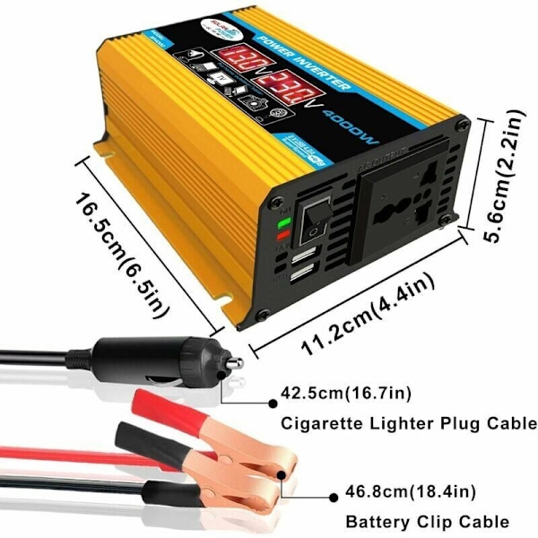 12v 220v inverter, 4000W ren sinus inverter DC 12V 220V/110V bil inverter med dobbelt spændingsdisplay og USB-porte 4.2A oplader,