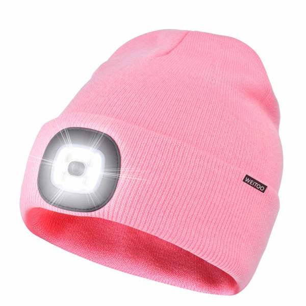 Unisex 4 LED-belyst caps, USB-ladbare løpehatt med supersterkt hodelykt, LED-hatt for løping og fotturer (rosa)