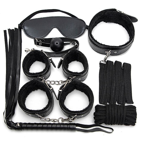 7 delar/set Läder Bondage Kit Vuxen Lek Handbojor/piska/boll Gag/rep/krage BDSM Black