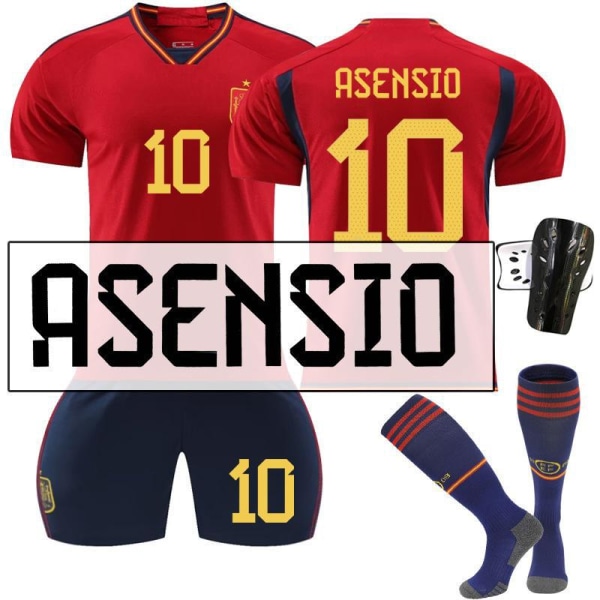 22-23 Spanien hjemme rød nr. 9 Gavi 7 Morata 10 Pedri 17 Fati VM fodboldsæt 10 Asensio,socks + protective gear #S