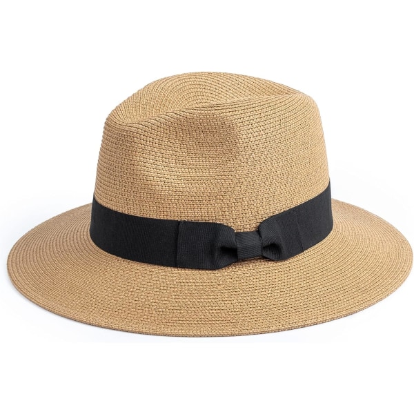 Dam Straw Panama Hat Fedora Strand Sol Hat Bred Brätte Straw Roll up Hat UPF 50+ Bred Brätte Båge: Khak Wide Brim Bow: Khaki One Size