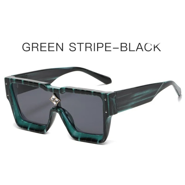 Store ramme fashion solbriller et-stykke stykke firkantet ramme kvindelig personlighed diamant ris søm solbriller Green stripe -black normal