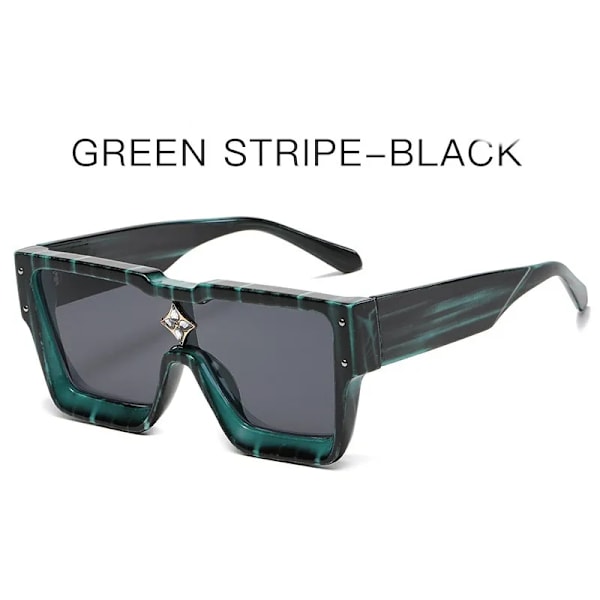 Suuret kehykset muodikkaat aurinkolasit yhden kappaleen neliön muotoiset kehykset naisten persoonallisuus timantti riisinauha aurinkolasit Green stripe -black normal