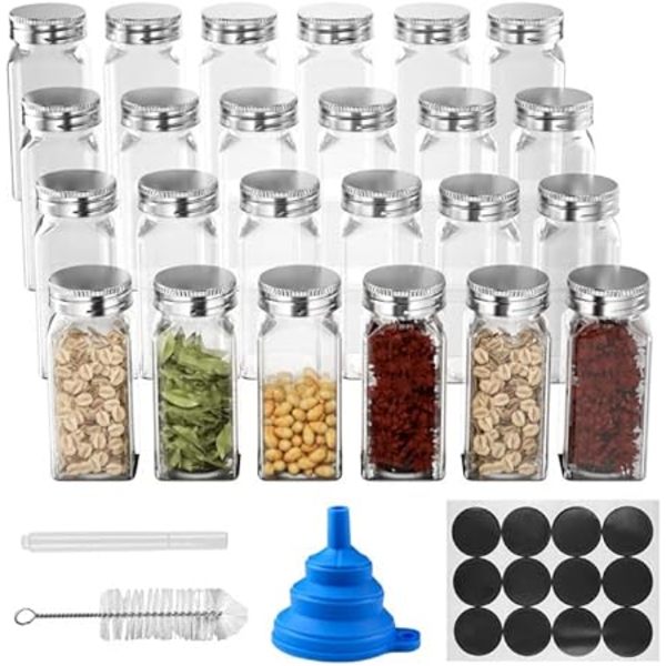 Set med 24 kryddburkar, 120 ml kryddburk, glas kryddburk med skruvlock, med etikett, tratt, penna,
