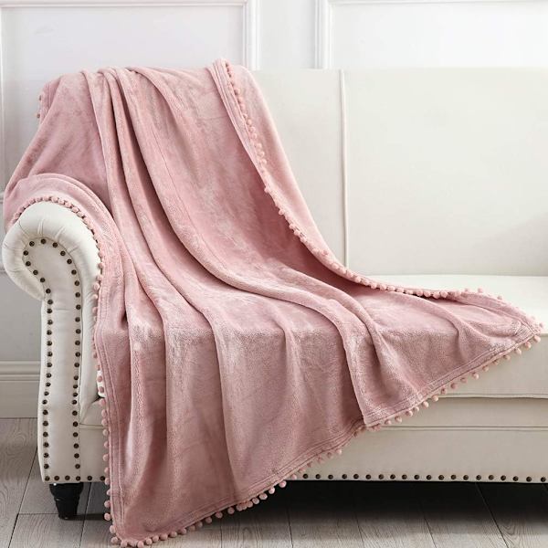 127 x 152 cm lyserød fleece tæppe, blødt varmt frynsetæppe med betræk