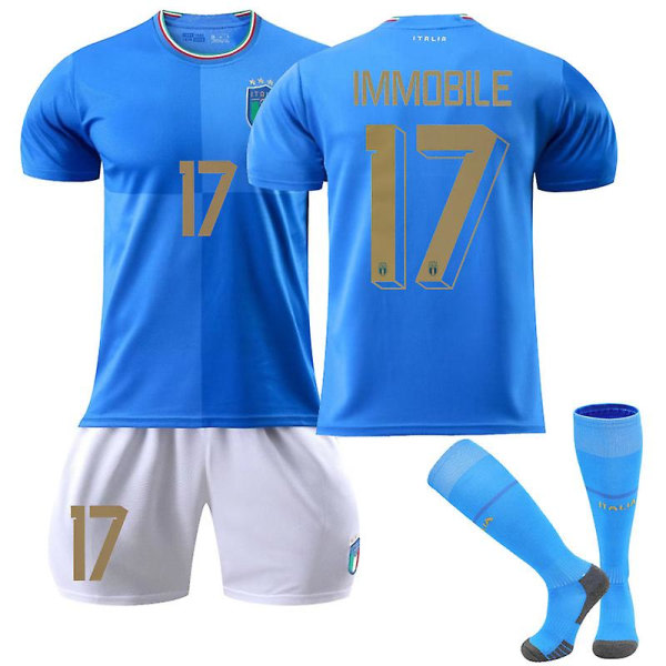 Italien 22/23 Hjemmebanetrøje VM Immobile #17 Fodboldtrøje T-shirt Shorts Sæt Fodbold 3-delt sæt til børn Voksne Børn 16(90-100cm)