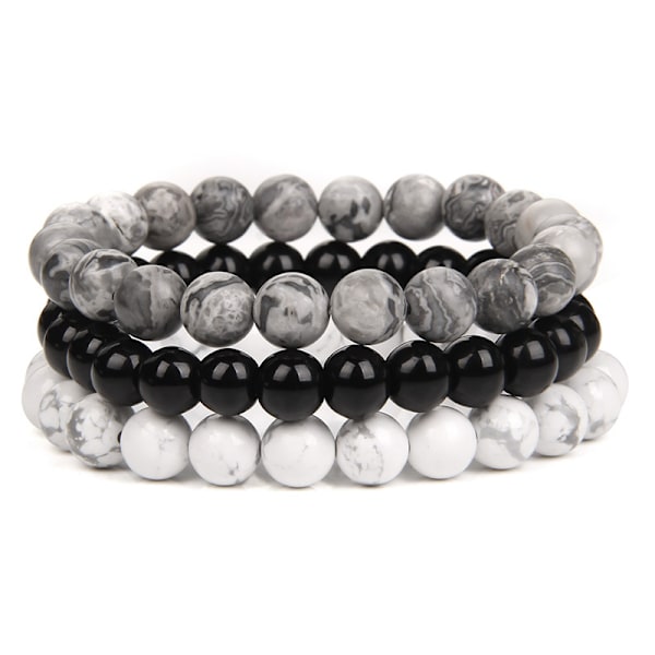 8mm Natural Stone Bracelet Set Men Women Rose Rhodonite Quartz Black Onyx Stackable Wrist Beads Mala Charm Bracelet 3PCS (White)