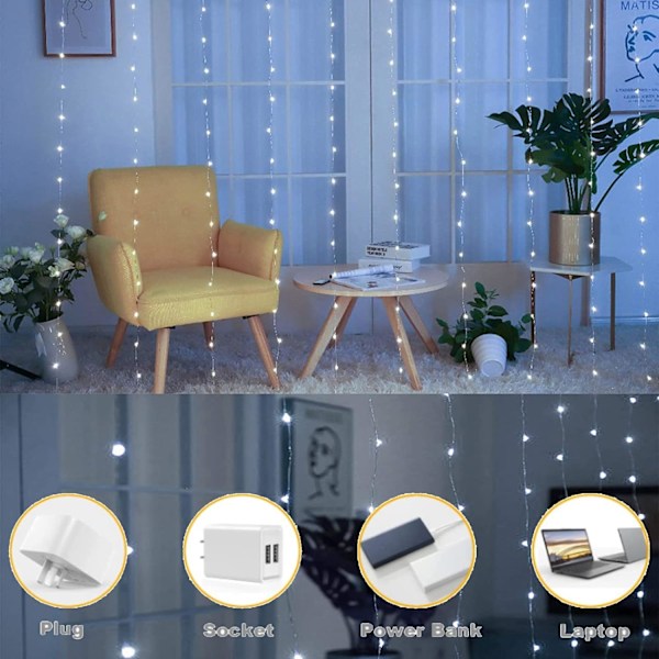 LED lyskæde? 3 x 3m, 300 LED Lys Loop 8 Tilstande, USB Lys Loop Gardin med Fjernbetjening, Jul