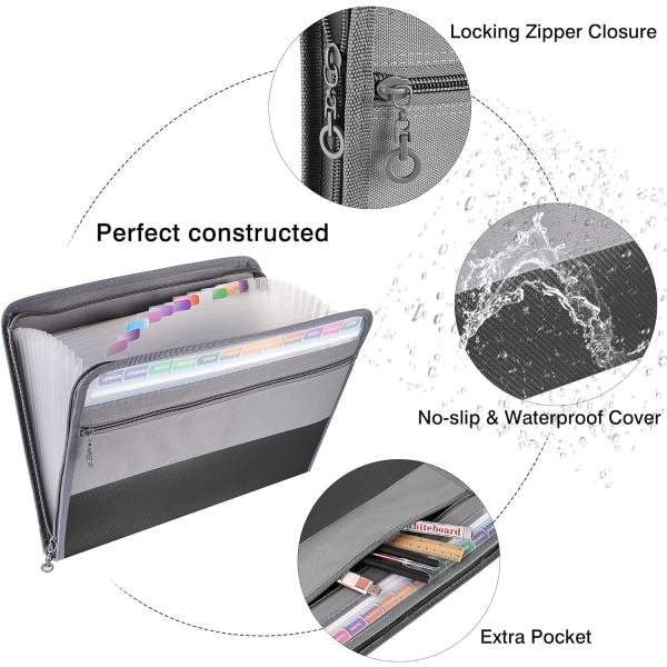 2-pack expanderande mapp A4, 13 fack Dokument dragspelsmapp Sorteringsmapp med dragkedja, dokumentväska Canvasväska Väska Bågm 2 Pack Gray Expanding Folders