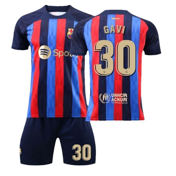 22-23 Barcelona hemtröja nr 10 Messi tröja nr 9 Lewandowski nr 8 Pedri 30 Gavi fotbollströja set No. 21 with socks + protective gear #22