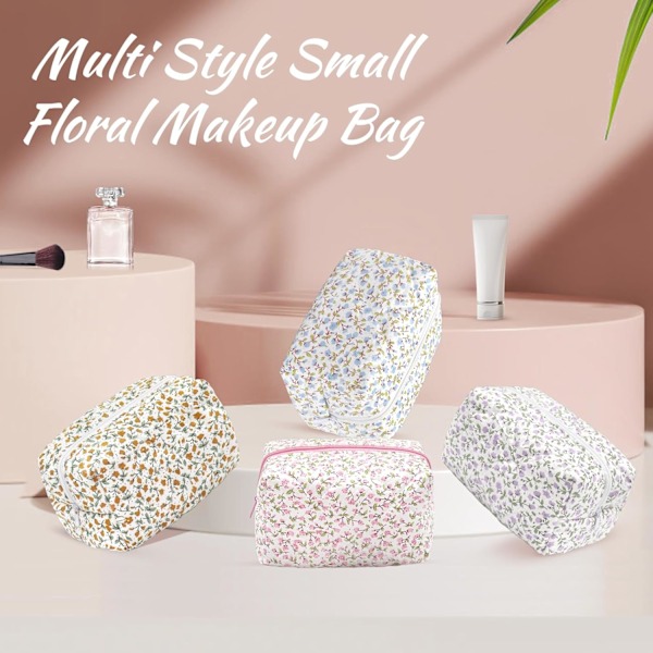 Lille makeup taske bomuld bærbar toilettaske quiltet floral kosmetik taske vasketøj organizer pung til kvinder piger damer