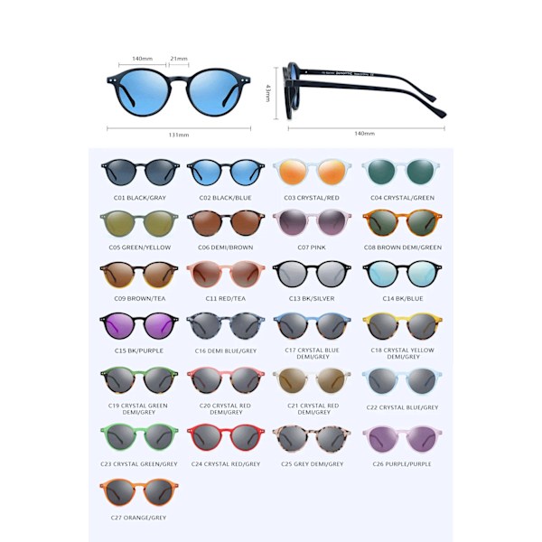 2024 Tyylikkäät pyöreät retro klassiset monityyliset UV 400 polarisoidut tukkuhinnat Aurinkolasit miehille ja naisille mukautettu logo C20 CRYSTAL RED DEMI/GREY Polarized HD Shades
