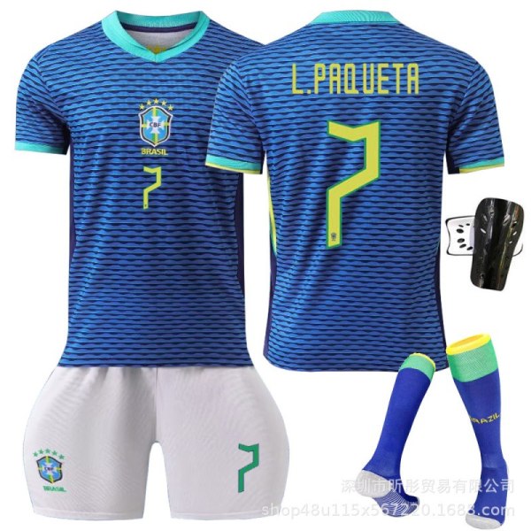 2024 Brasilien bortaställ Neymar Vinicius vuxen barn student träningsdräkt herr- och damlagströja No. 7 + Sock Guard Size S is suitable for heights