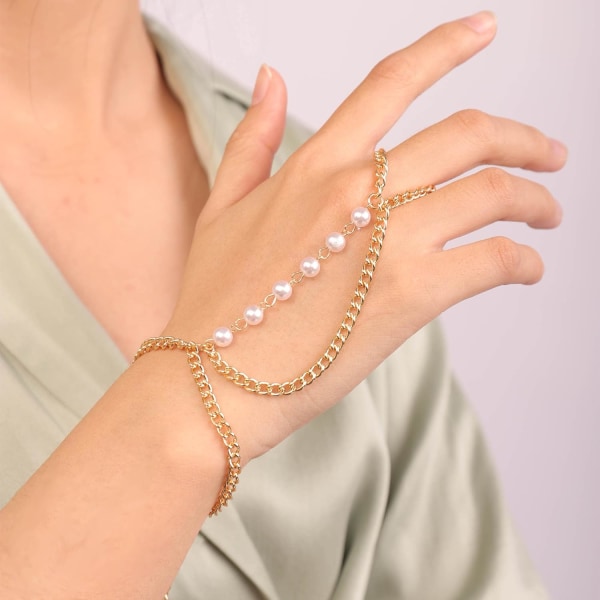 Dainty Pearl Gold Chain Finger Ring Armband Slave Hand Chain Pe
