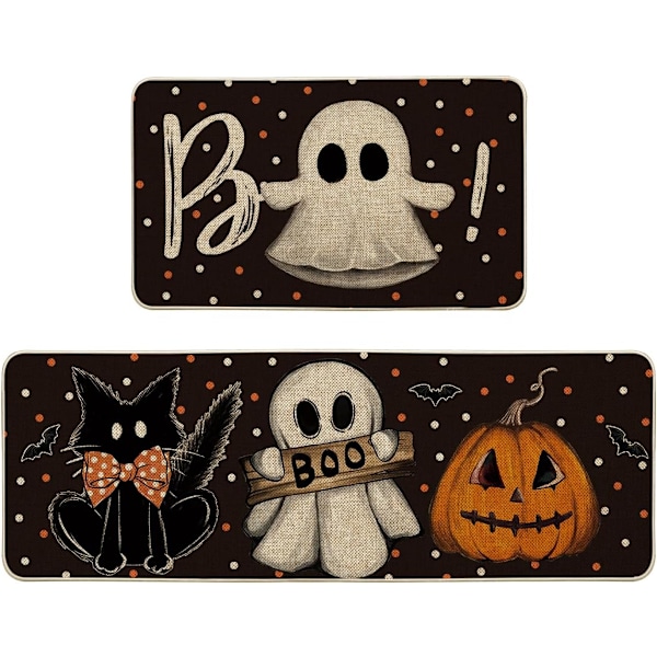 Artoid Mode Bats Black Cats Boo Pumpkin Halloween Kitchen Mats Set of 2, Home Decor Low-Profile Kitchen Rugs for Floor - 17x29 and 17x47 Inch