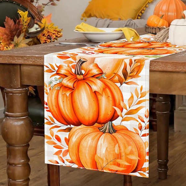 Høstløv og Gresskar Bordløper, Hvit og Grå Buffalo Rutete Thanksgiving Bordløper, Sesongmessig Landlig Innendørs Dekor Høstdekorasjon for Hjemmet Pumpkins Leaves