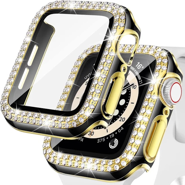 Bling Glass+ deksel for Apple Watch Case 45mm 41mm 40mm 44mm 42mm 38mm Diamant støtfanger+skjermbeskytter iwatch serie 7 9 8 5 6 SE B svart gull B black gold 45mm Series 7 8 9