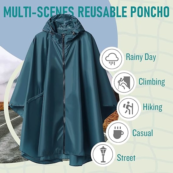 Regnponcho for voksne, vanntett utendørs hette, poncho vanntett for kvinner med glidelås, festivalponchoer vanntett lange vanntette kapper