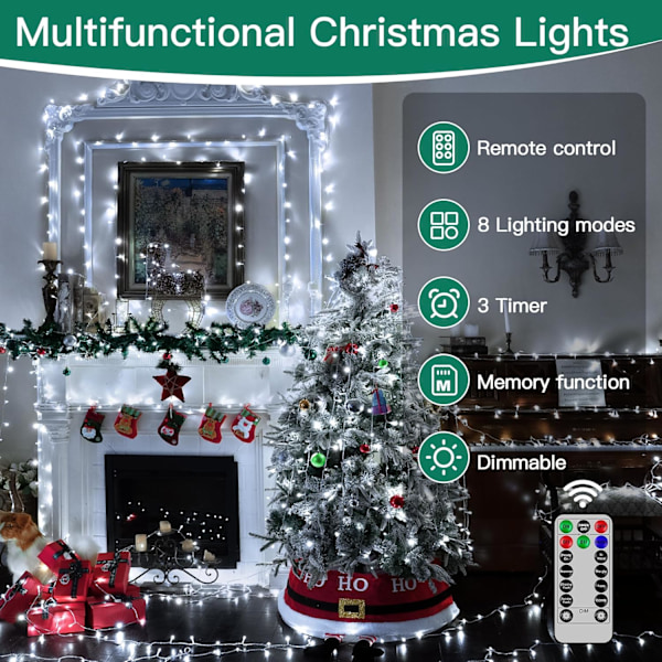 shineshine 197FT 600LED Utendørs Julelys Vanntette 8 Lys Hvit White 1000 LEDs