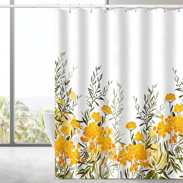 Gul Plante Stof Bruseforhæng, Bruseforhæng Badeværelse, Vandtæt Hurtigtør Polyester Stof 72\" B x 72\" L med Kroge