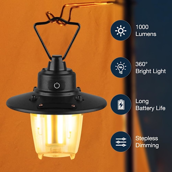 LED-retkeilylamppu, ladattava, retro-retkeilylyhty, akku koukulla, 3 valotilaa, portaattomasti himmennettävä, 2800 mAh