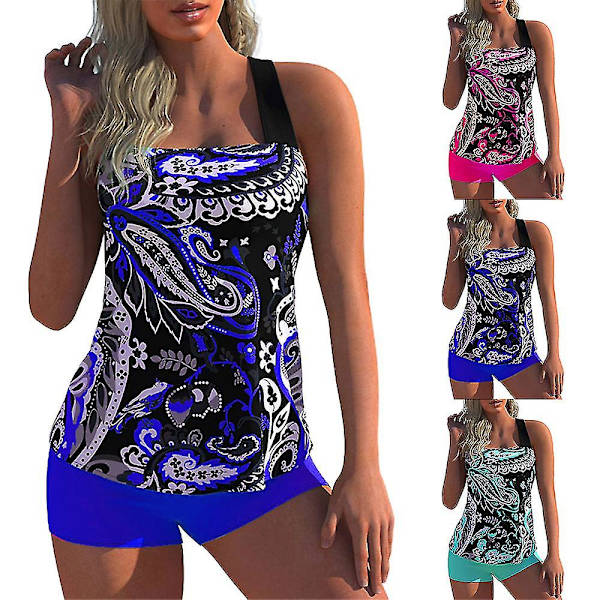 Kvinnors blommiga baddräkt bikini tankini halterneck toppar boyshorts set baddräkt plus size blå Blue XL