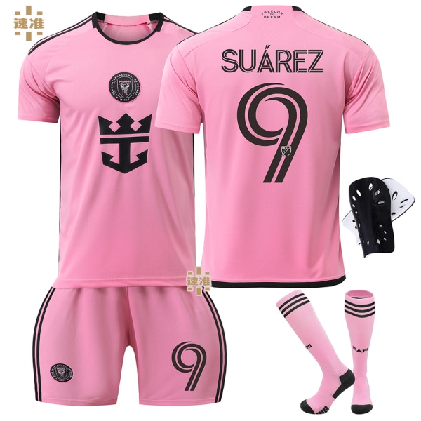 24-25 Miami hem nr 10 Messi fotbollströja 9 Suarez tröja vuxna barn män och kvinnor rosa kostym Pink Size 9 w/ Socks & Gear 22 yards