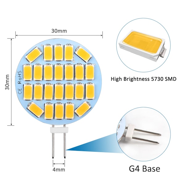 G4 LED 3W, AC12-24V, 300LM Lämmin valkoinen 3000K, 24x5730 SMD 6-pakkaus