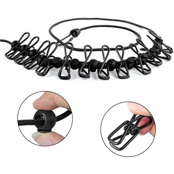 Bærbar Reiseklessnor - Justerbar Elastisk Reise Camping Retractable Klessnor med 12 Klips for Ferie, Reise, Camping, Utendørs (Svart)
