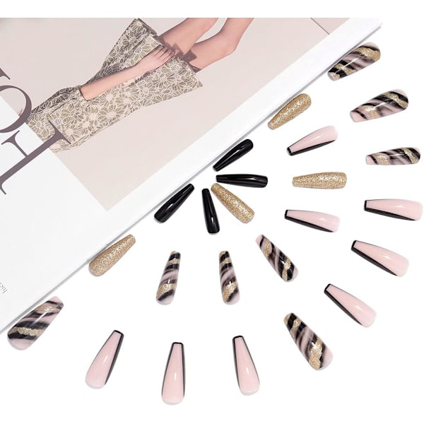Arkku Väärennetty Kynnet Pitkä Väärennetty Kynnet Kulta Paljetti Paina Kynnet Ranskalainen Vaaleanpunainen Stiletto Kynnet Ballerina Akryyli 24kpl Naisille Ja Tytöille black