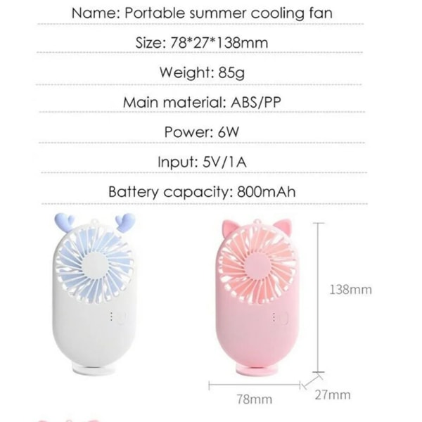 Håndholdt lille batteridrevet personlig ventilator USB elektrisk genopladelig bærbar lille ventilator Mini luftkøler White