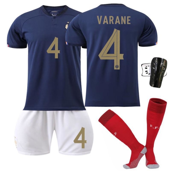 2022 Frankrike VM nr 10 Mbappe 19 Benzema 11 Dembele 9 Giroud tröja fotbollströja för barn No. 4 with socks + protective gear #XS
