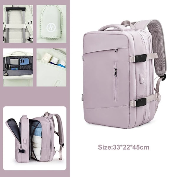 Sammenleggbar reise ryggsekk Unisex Laptop Bag Stor duffelbag Damer Student Business Travel USB lading Pink