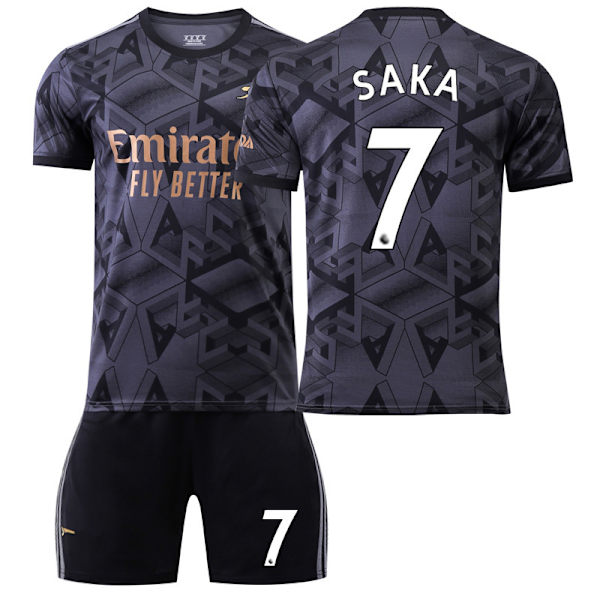 22-23 Arsenal udebane sort nr. 7 Saka 9 Lacazette 19 Pepe 14 Aubameyang fodboldtrøjesæt No socks size 7 Children's size 22