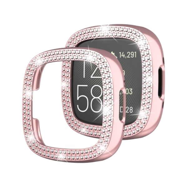 For Fitbit Versa 4 kaksoisrivinen timantti yksivärinen galvanoitu kotelo kello Pink