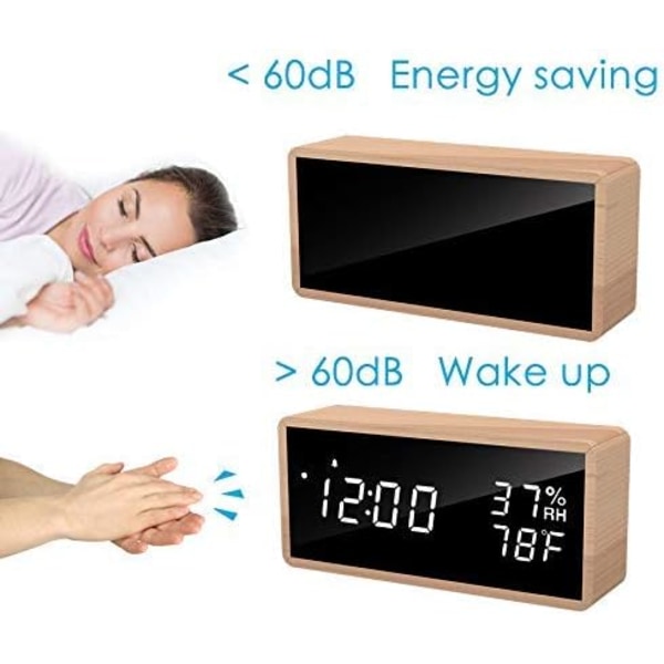 Trädigital väckarklocka, USB-driven elektronisk väckarklocka med snooze-funktion, LED-display för tid, temperatur och luftfuktighet