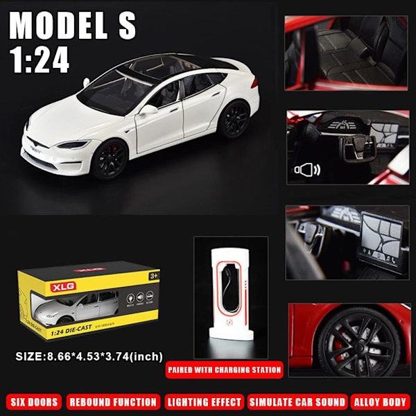 Modell S leketøybil 1/24 legering diecast modellbil, trekk tilbake modell S modellbil med lys og lyd, Tesla Big Model S bilmodell leketøy egnet hvit)