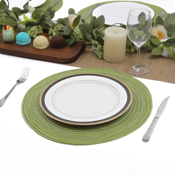Sett med 6, Grønne 38x38cm, Runde Grønne Plassmatter i Bomullsvev, Vaskbare Juleplasseringsmatter, Varmebestandige Plassmatter, for Bryllup og Fest H