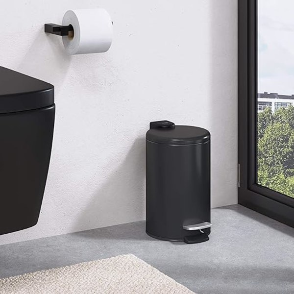 5 Liters Pedalhink i Rostfritt Stål Svart Matt med Automatisk Nedfällbart Lock Tyst Stängning Softclose med Innerhink Kosmetikhink Soptunna Soptunna
