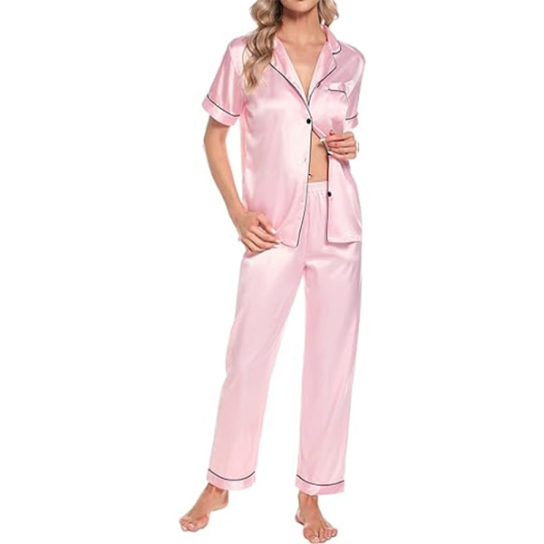 Naisten 4-osainen silkki satiini pyjamasetti, seksikäs yöasu, loungewear, vaaleanpunainen Pink S