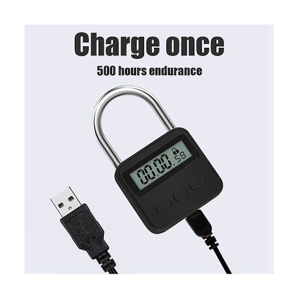 Metal Timer Lås, LCD-skærm, Multifunktion Elektronisk Timer Lås, 99 Timers Maksimal Tid, USB Genopladelig (Sort)
