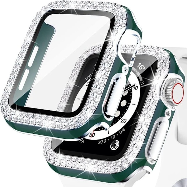 Bling Glass+ deksel for Apple Watch Case 45mm 41mm 40mm 44mm 42mm 38mm Diamant støtfanger+skjermbeskytter iwatch serie 7 9 8 5 6 SE B grønn sølv B green silver 40mm Series 654 SE