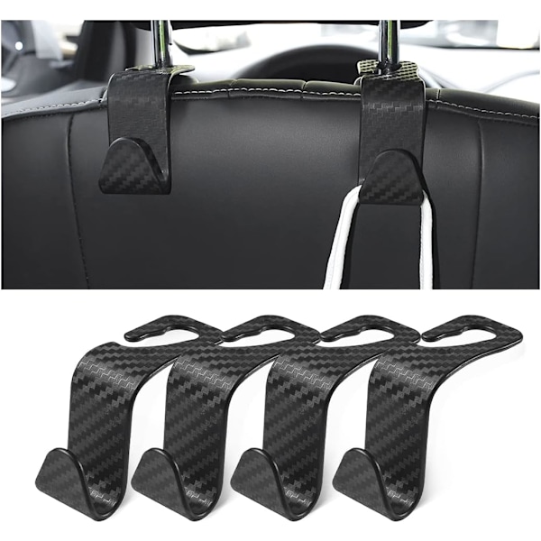 Car Back Seat Headrest Hooks, 4 Pack Carbon Fiber Stylish Back Seat Hanger for Car Handbag Cloth Bags, Car Interior Accessories (Carbon Fibre/Black)