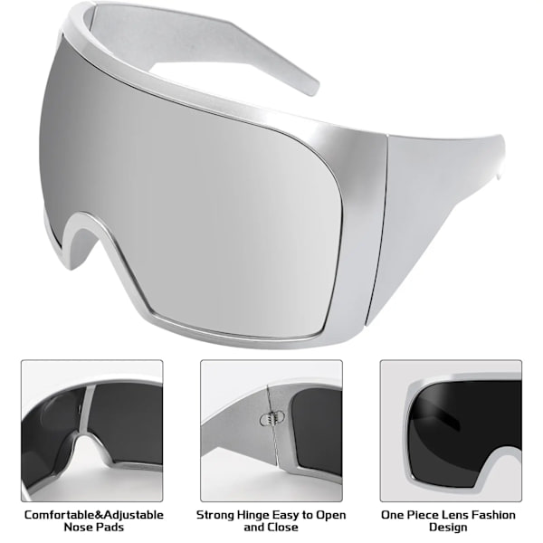 3722 Ylisuuret käärittävät mukautetut logon aurinkolasit naisille ja miehille Futuristiset kaarevat linssit Sävyt Muotisuoja Y2k Aurinkolasit silver black oversized